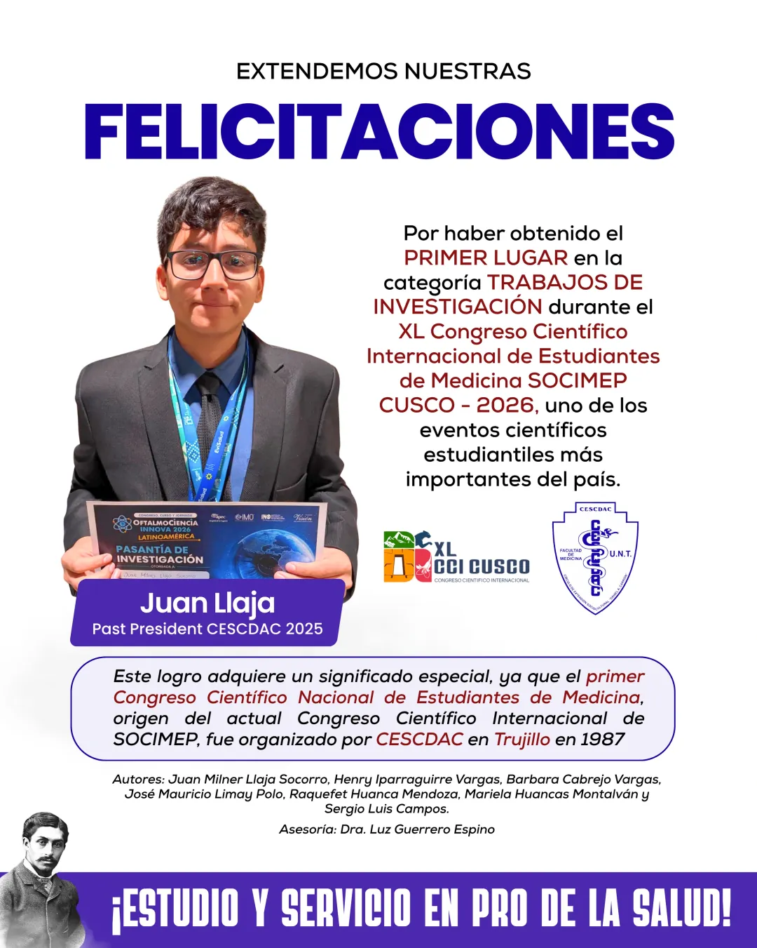 Felicitaciones a Juan Llaja por obtener el 1er lugar en SOCIMEP Cusco 2026